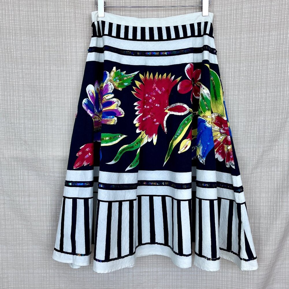 NWT Floral Sequins Skirt Black White Stripe Festive Playful Whimsy Goth Lydia - Picture 6 of 15